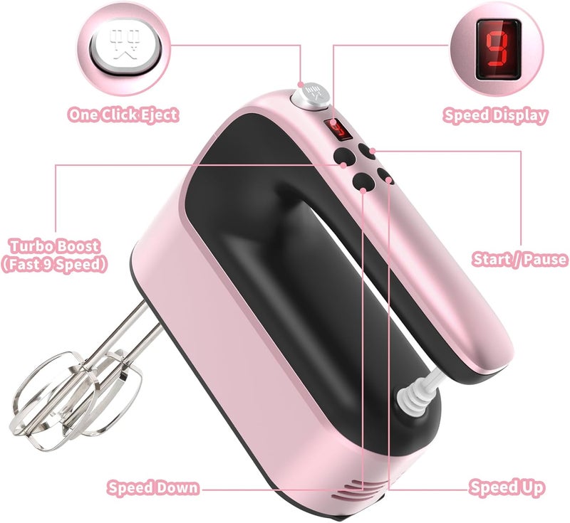 Yomelo 9-Speed Digital Hand Mixer Electric, 400W Powerful DC Motor, Hand Mixer Electric Handheld with Snap-On Storage Case, 5 Stainless Steel Accessories, Beaters, Dough Hooks, Whisk(Rose Gold) - Image 2